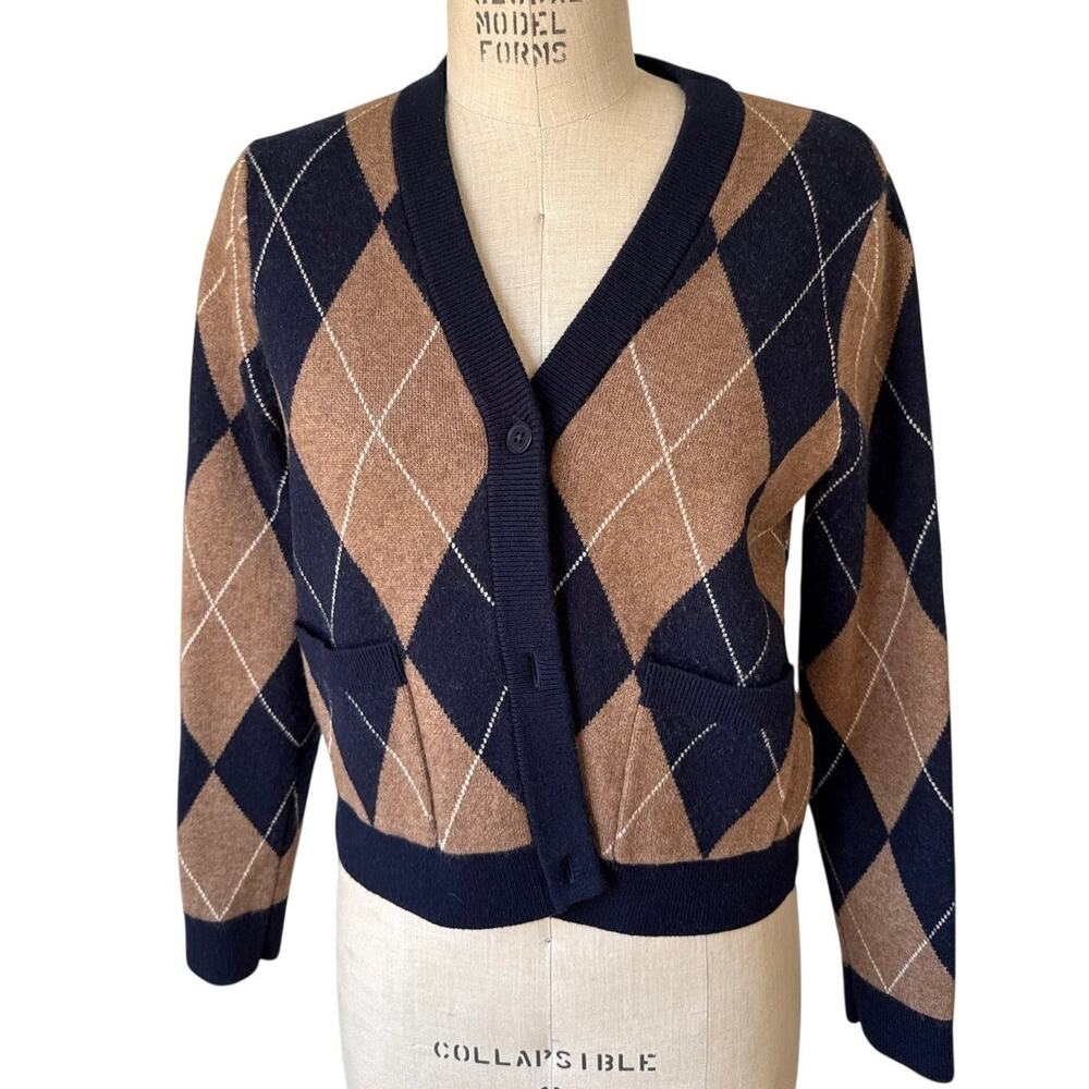 KULE The Twiggy Argyle Cardigan in Navy & Brown Size Medium Preppy - Picture 2 of 8